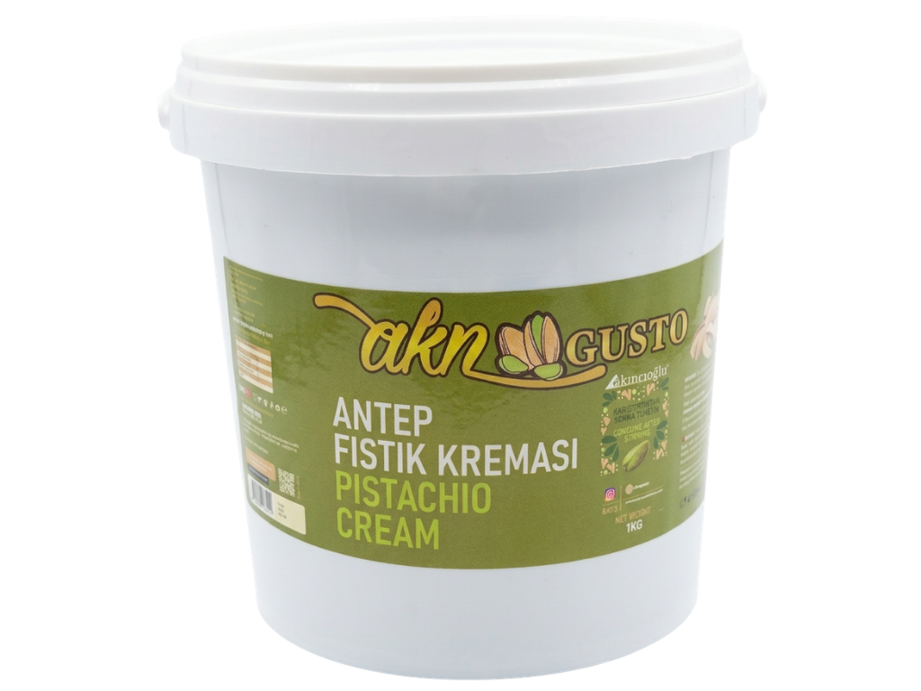 Pistachio cream container with 'akn Gusto' label on a white background