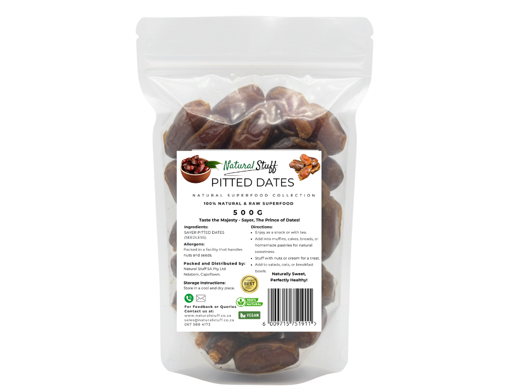 Bag of pitted dates with a label on a white background