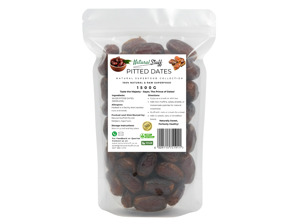 Bag of pitted dates with a label on a white background