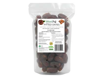 Bag of pitted dates with a label on a white background