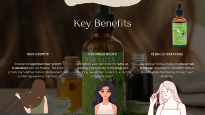 Hair care product with key benefits highlighted on a brown background