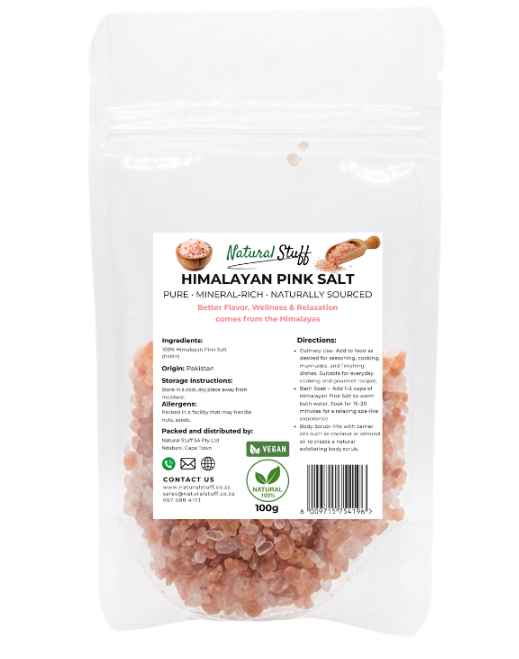 Packaged Himalayan pink salt with a label on a white background