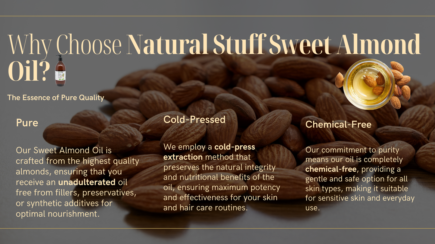 Advertisement for Natural Stuff Sweet Almond Oil with almonds and oil droplet on a dark background