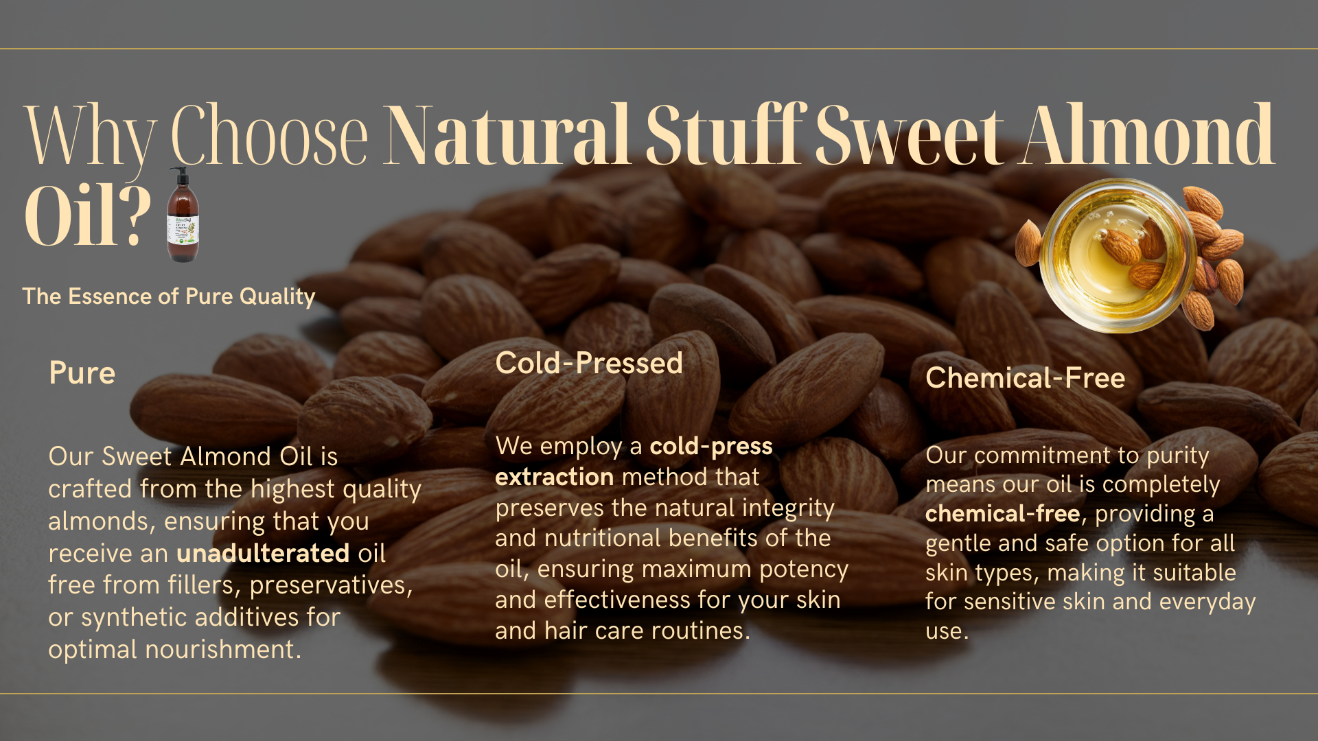 Advertisement for Natural Stuff Sweet Almond Oil with almonds and oil droplet on a dark background