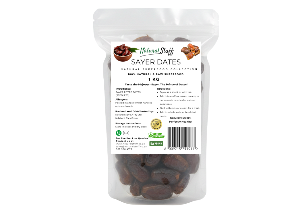 Bag of Sayer Dates with a visible label on a white background