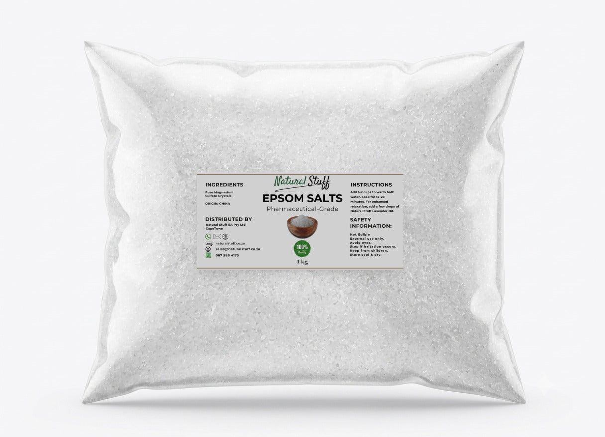 Bag of Epsom salts with a label on a white background