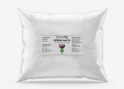 Bag of Epsom salts with a label on a white background