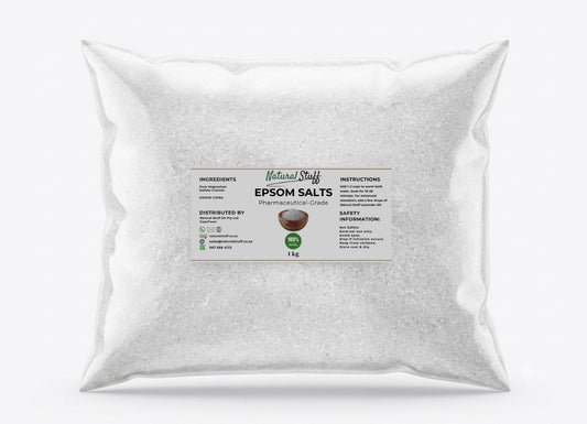 Bag of Epsom salts with a label on a white background
