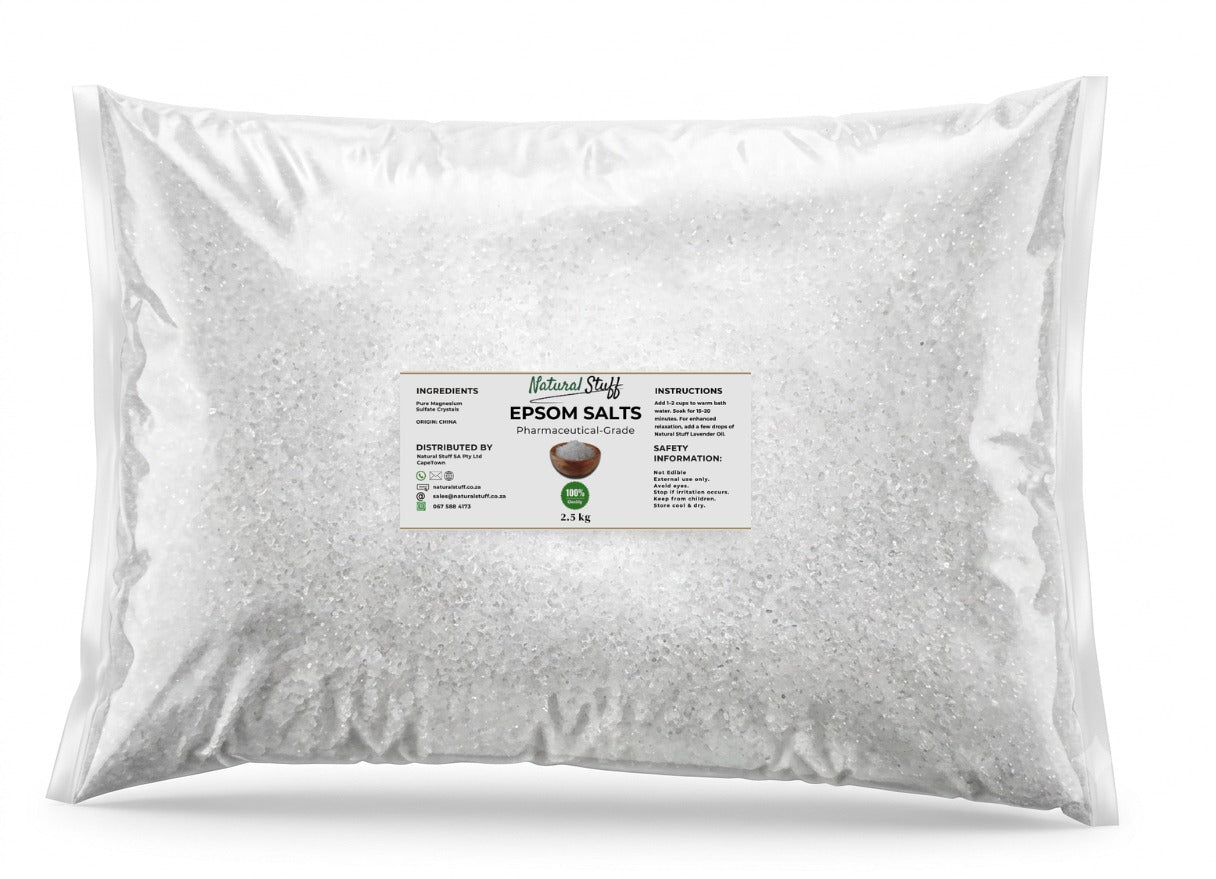 Bag of Epson salts with a label on a white background