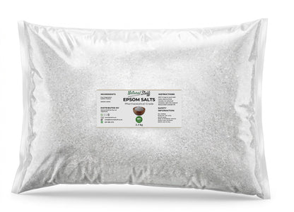 Bag of Epson salts with a label on a white background